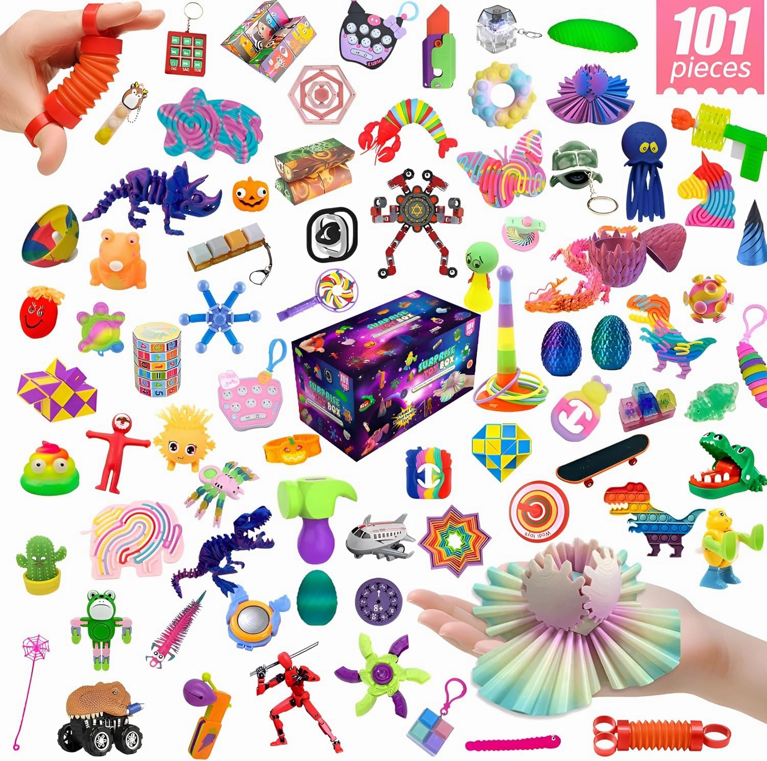 101 Pcs Large Fidget Mystery Box for Kids Girls & Boys - Fun Sensory Fidget Toys Bulk Variety Pack for Toddlers - Fidget Prizes for Classroom (101 Pcs)
