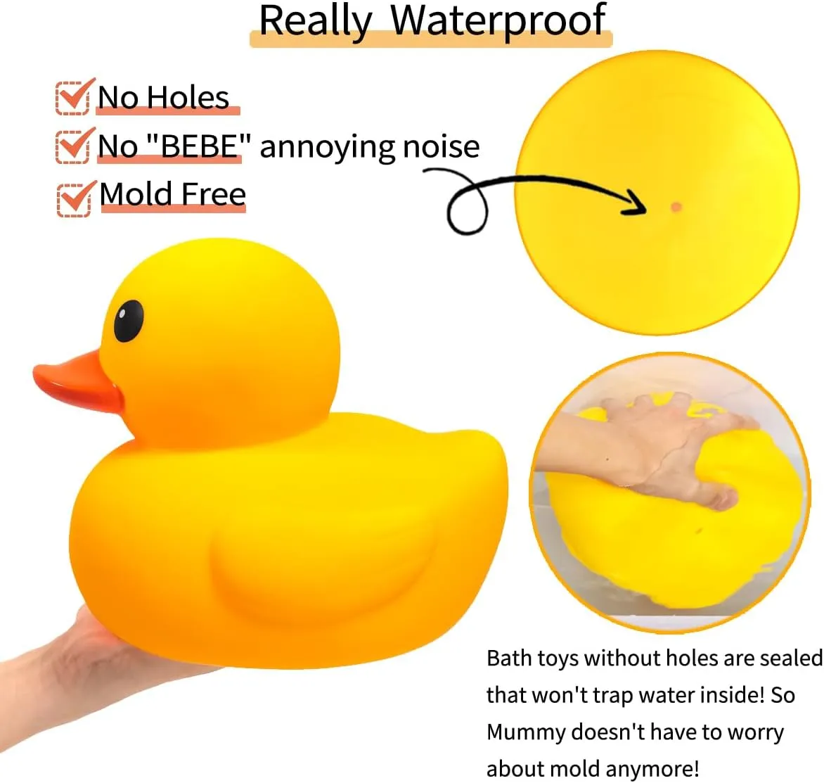 10.3" No Hole Giant/Big/Large Waterproof No 'Bebe' Noise Rubber Funny Yellow Duck/Ducikes Bath/Pool/Water Toy Without Hole for Kids Office Home Desktop Decor and IT Programmer Partner