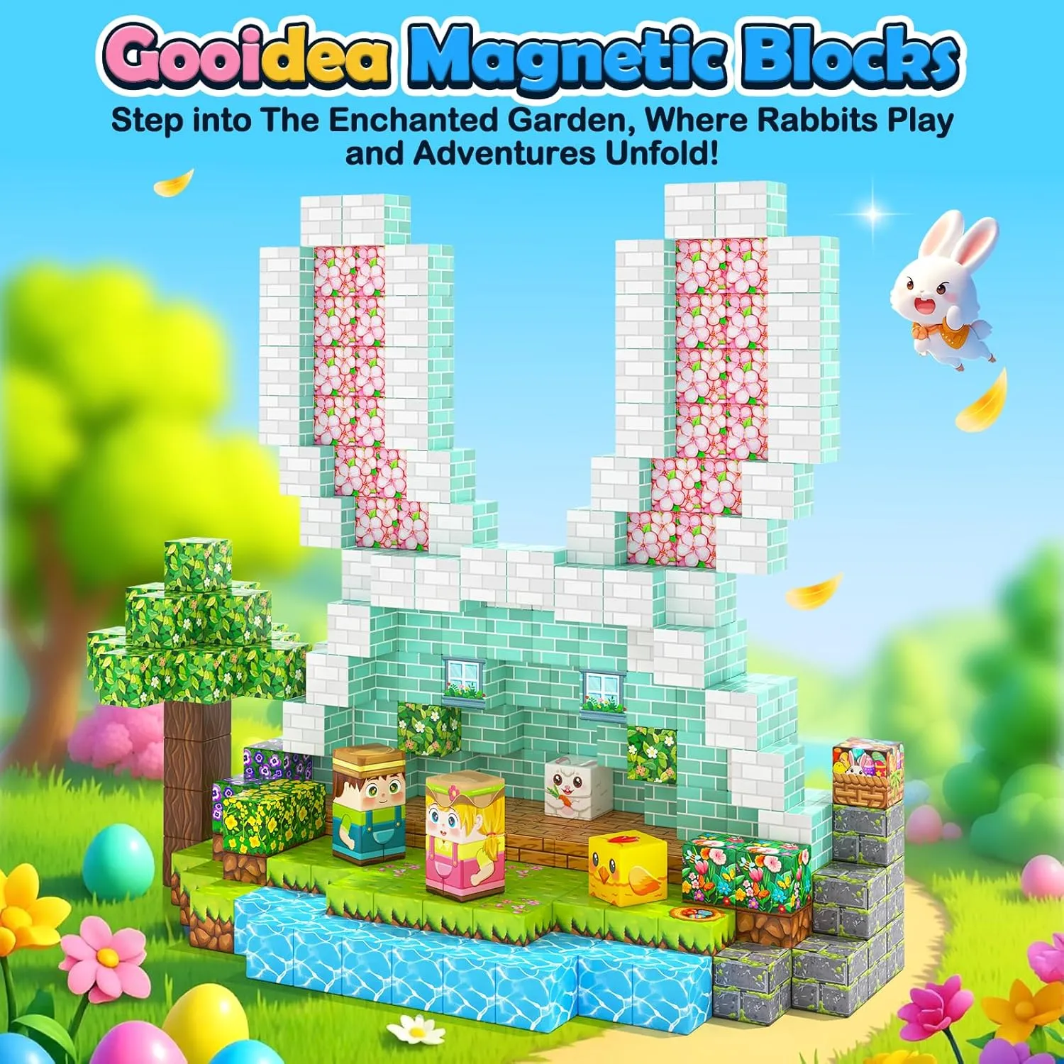 108PCS Magnetic Blocks Kids Magnet Toys, Large 1 inch Building Cubes with Puzzle Panel, Mine Magworld Easter Bunny Garden Building Crafts, Sensory Learning Toys Gift for 3  Year Old Boys Girls