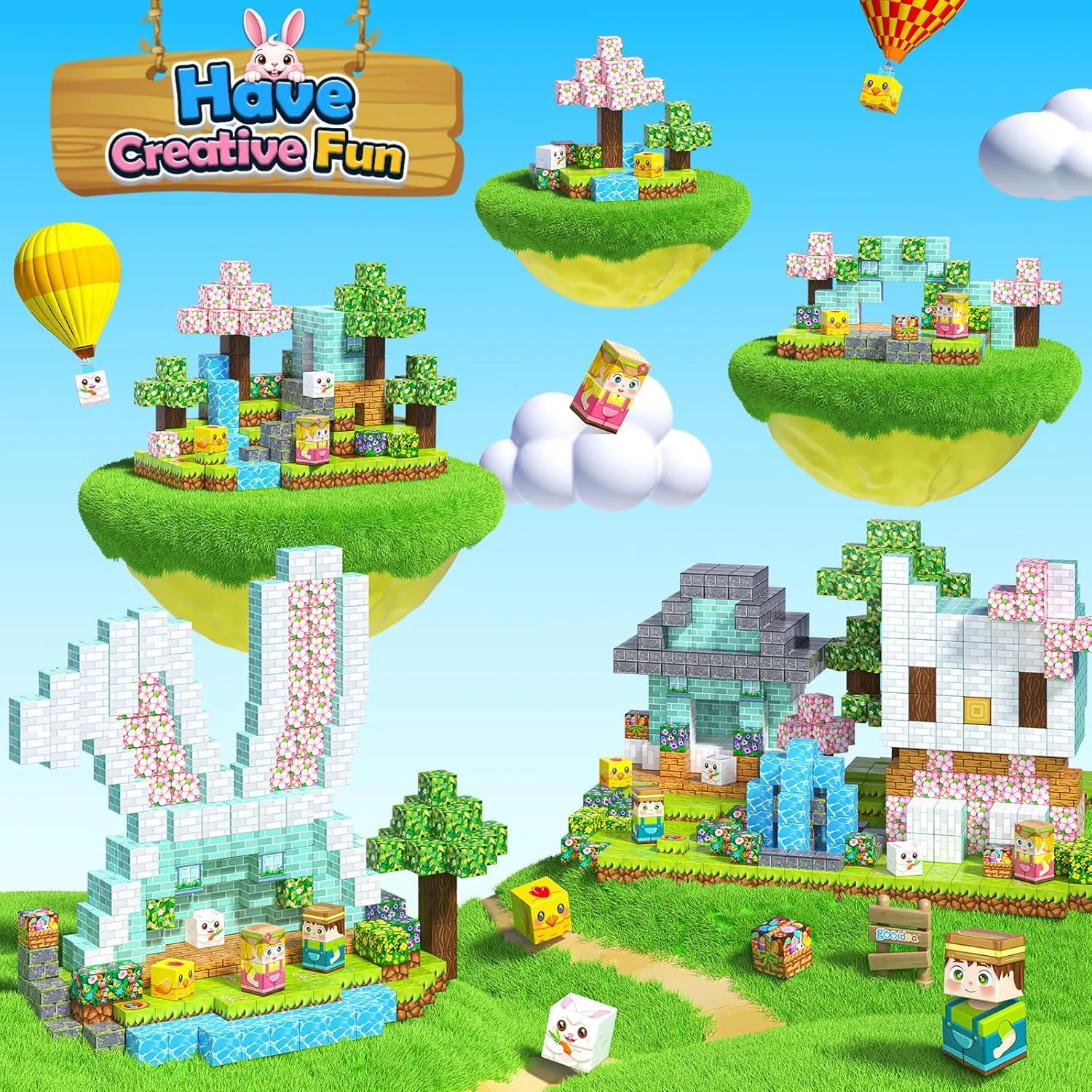 108PCS Magnetic Blocks Kids Magnet Toys, Large 1 inch Building Cubes with Puzzle Panel, Mine Magworld Easter Bunny Garden Building Crafts, Sensory Learning Toys Gift for 3  Year Old Boys Girls
