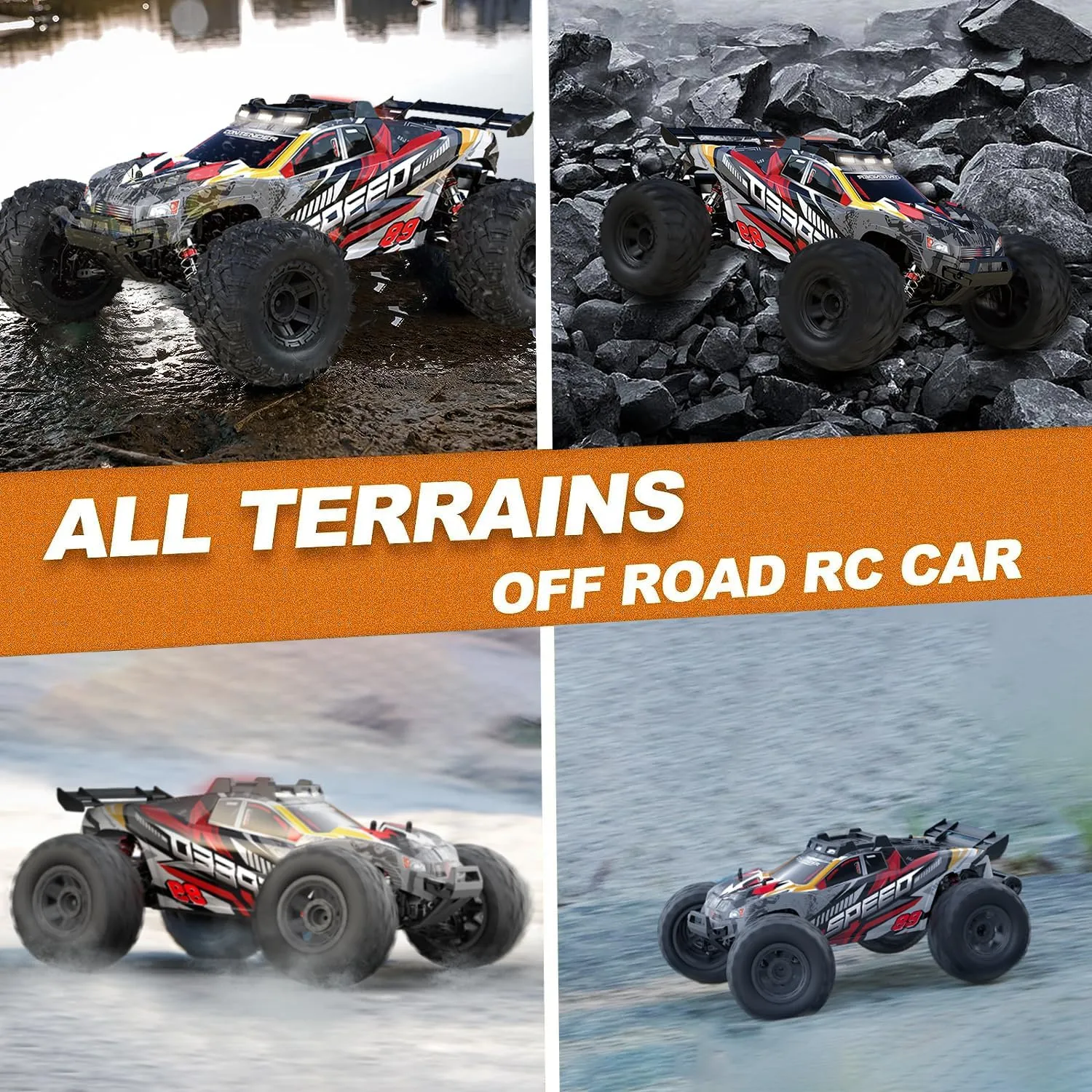 1:10 Large Brush RC Car for Adults, Fast Remote Control Car, 28  MPH Rc Hobby Truck with Headlights, All Terrain 2.4Ghz Electric Hobby Rc Cars, 4WD Off Road Monster Truck for Adults - Red