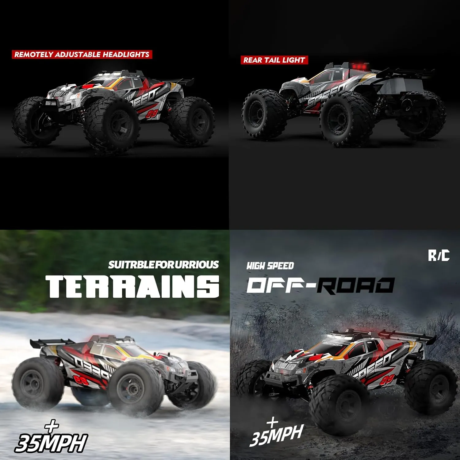 1:10 Large Brush RC Car for Adults, Fast Remote Control Car, 28  MPH Rc Hobby Truck with Headlights, All Terrain 2.4Ghz Electric Hobby Rc Cars, 4WD Off Road Monster Truck for Adults - Red