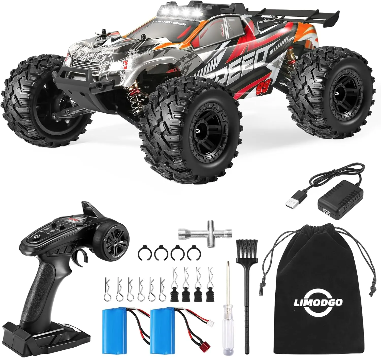 1:10 Large Brush RC Car for Adults, Fast Remote Control Car, 28  MPH Rc Hobby Truck with Headlights, All Terrain 2.4Ghz Electric Hobby Rc Cars, 4WD Off Road Monster Truck for Adults - Red
