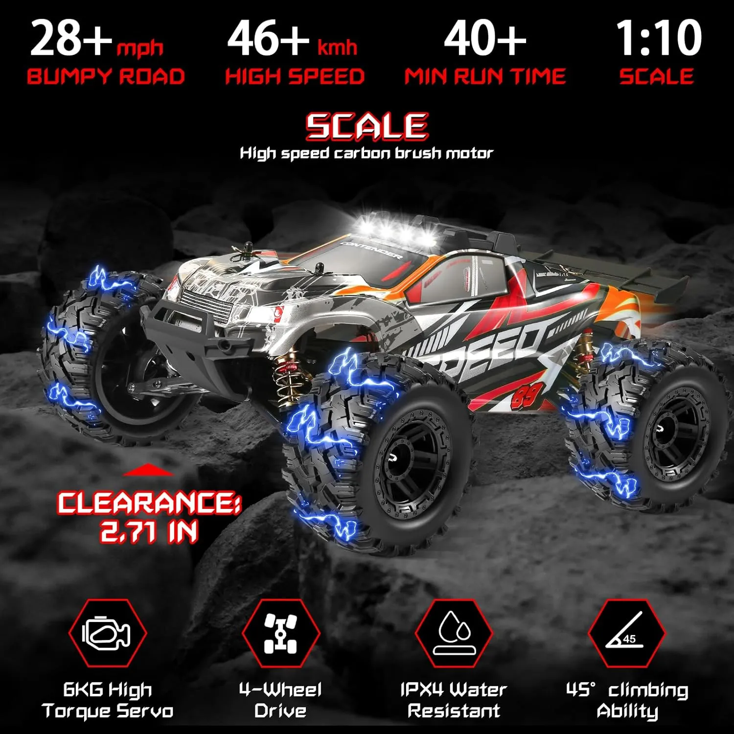 1:10 Large Brush RC Car for Adults, Fast Remote Control Car, 28  MPH Rc Hobby Truck with Headlights, All Terrain 2.4Ghz Electric Hobby Rc Cars, 4WD Off Road Monster Truck for Adults - Red