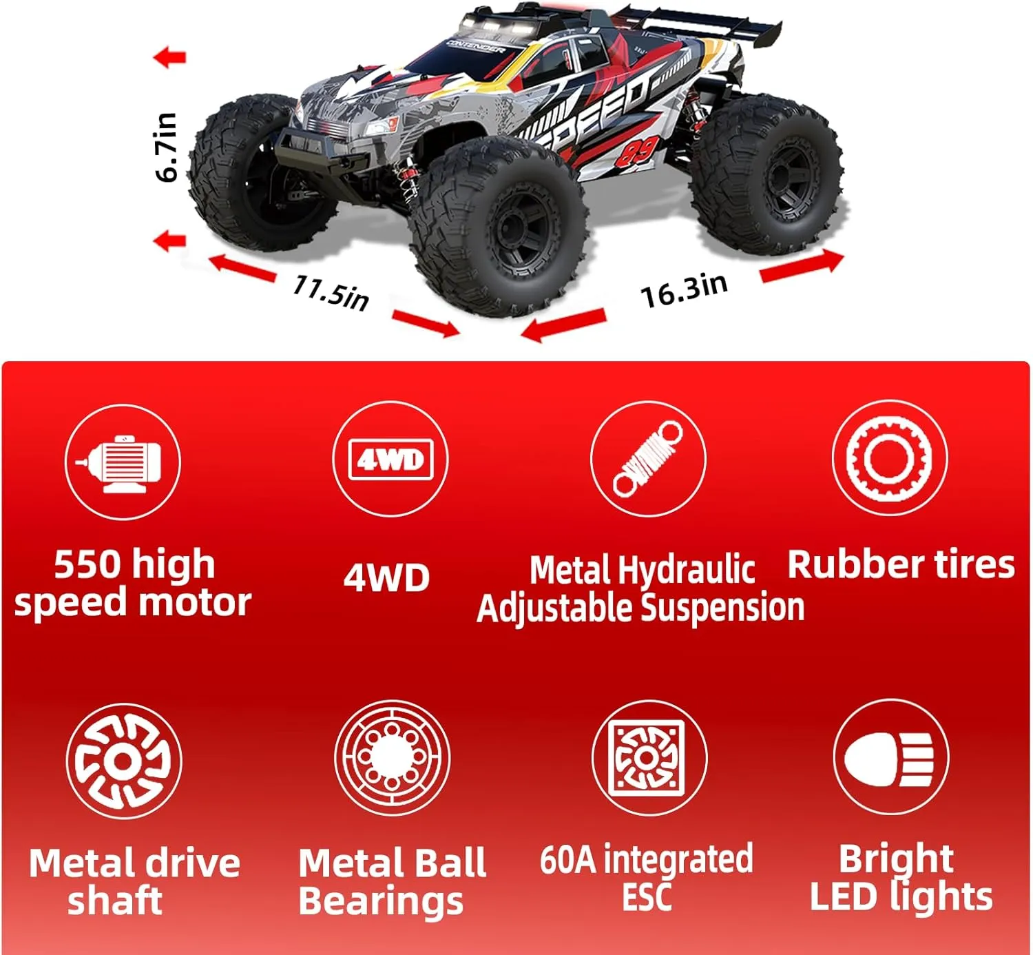 1:10 Large Brush RC Car for Adults, Fast Remote Control Car, 28  MPH Rc Hobby Truck with Headlights, All Terrain 2.4Ghz Electric Hobby Rc Cars, 4WD Off Road Monster Truck for Adults - Red