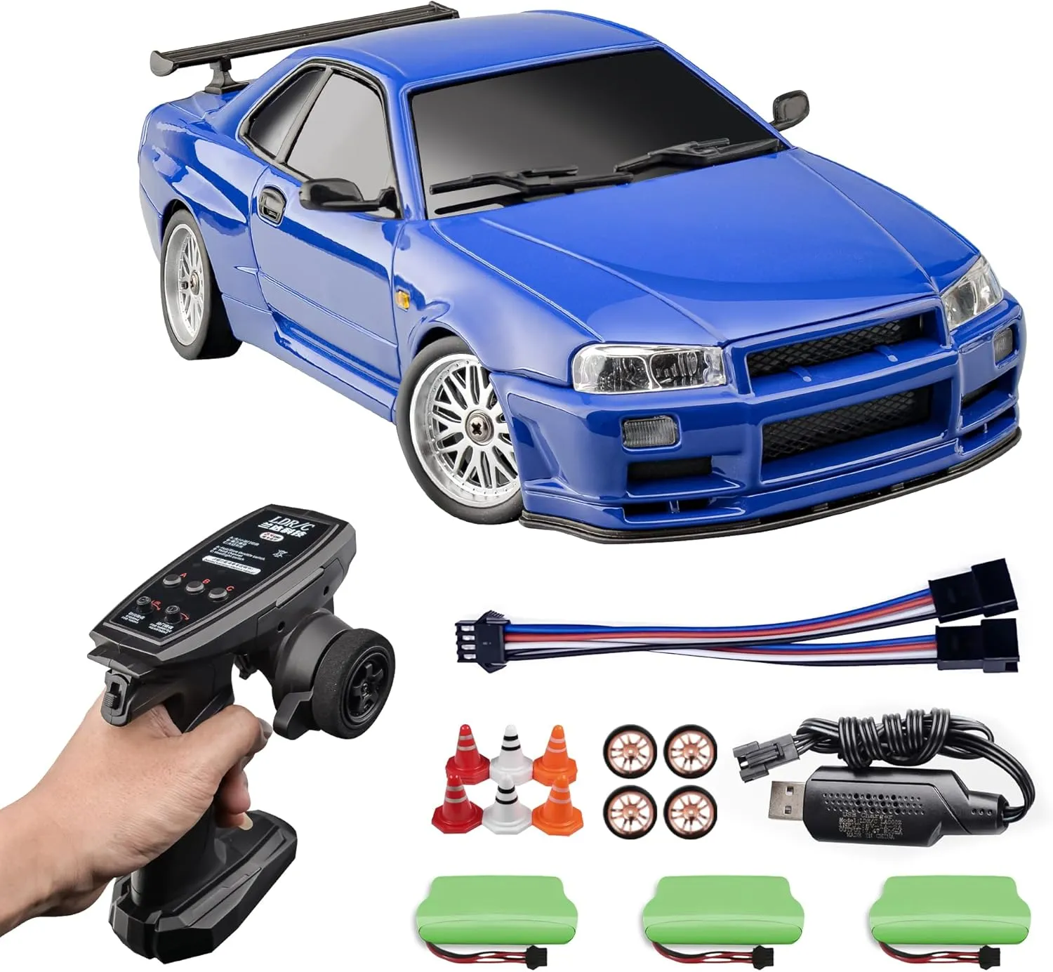1/18 RC Drift Car GTR R34, 2.4GHz 150 Brushed Motor, 3 Upgraded 1200mah Battery, Blue, Adult Hobbyists