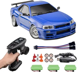 1/18 RC Drift Car GTR R34, 2.4GHz 150 Brushed Motor, 3 Upgraded 1200mah Battery, Blue, Adult Hobbyists