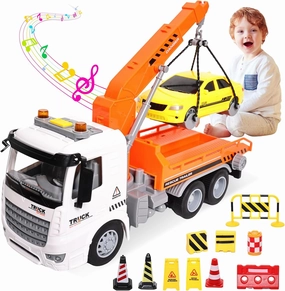 11" Kids Tow Truck Toy, Friction Powered Transport Truck with Racing Car, Traffic Signs, Sound and Lights for Boys & Girls Age 3-7 8 9 10 Year Old