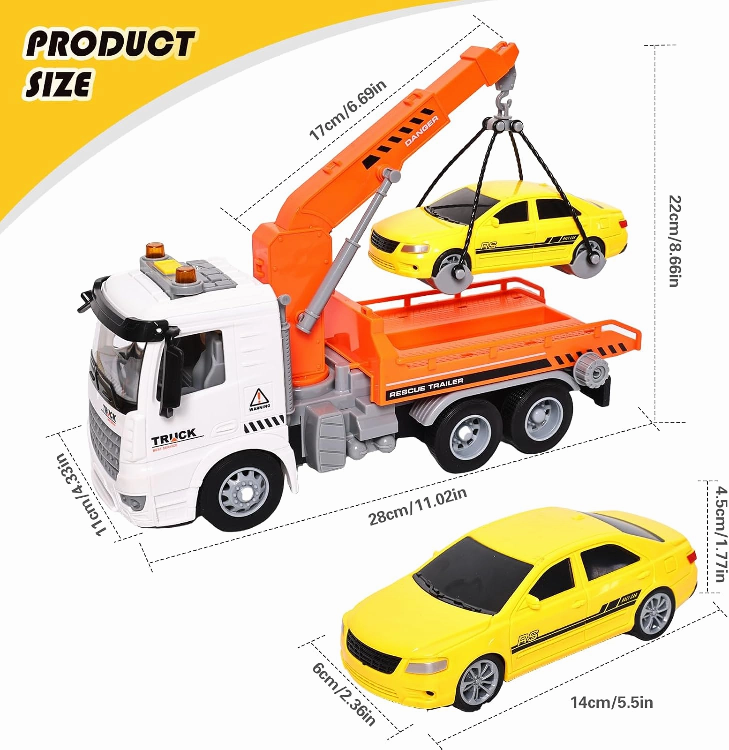 11" Kids Tow Truck Toy, Friction Powered Transport Truck with Racing Car, Traffic Signs, Sound and Lights for Boys & Girls Age 3-7 8 9 10 Year Old