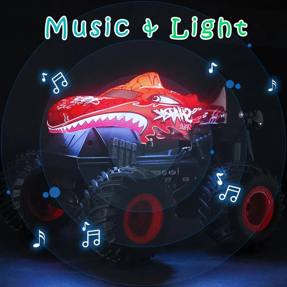 1:20 RC Car for Kids, 2.4GHz Remotes, Red Shark Monster Truck Toys, All Terrain Stunt Remote Control Car with Music, Light, 2 Rechargeable Batteries, Gifts Presents for Boys/Girls Ages 3 