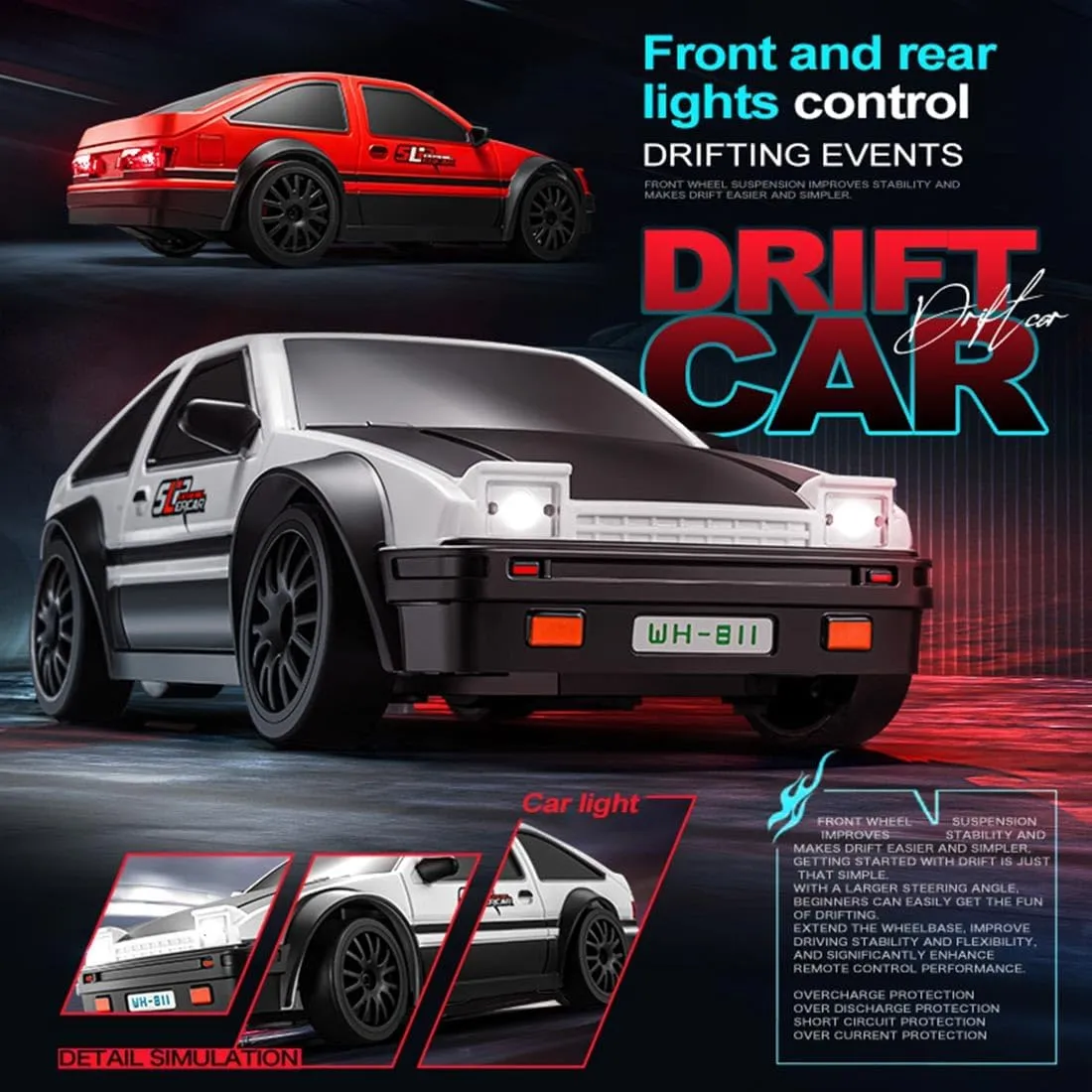 1/24 RC Drift Car for Adults, 2.4G Mini RC Car RC Racing Car with Lights RC Drift Racing Car, 15km/h Electric Drift Remote Control Sports Car 4WD RC Vehicle Toy Gift -RTR
