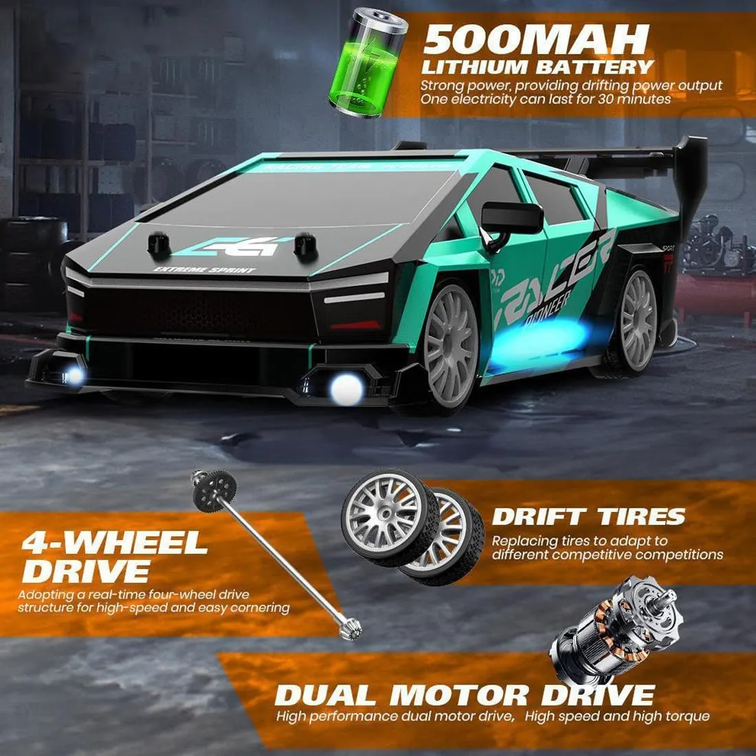1:24 Scale RC Drift Car with LED Lights, 4WD Electric Remote Control Racing Vehicle, 2.4GHz 30KM/H High Speed Mini Sport Drift Car for Adults & Hobbyists