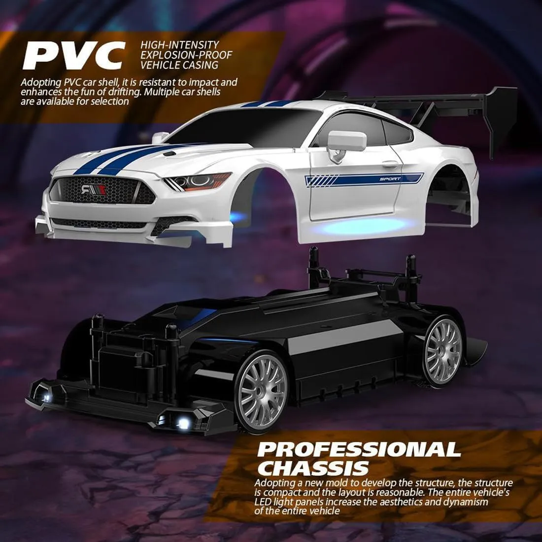 1:24 Scale RC Drift Car with LED Lights, 4WD Electric Remote Control Racing Vehicle, 2.4GHz 30KM/H High Speed Mini Sport Drift Car for Adults & Hobbyists