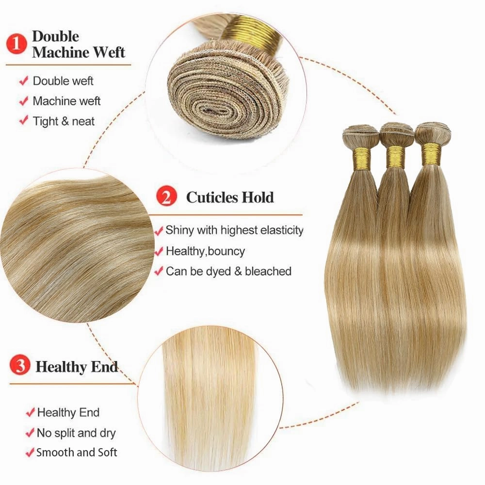 12 14 16 Inch Ombre Straight Bundles Human Hair P27/613 Highlight Honey Blonde and Light Blonde Piano Color Mix Bundles Double Weft Brazilian Human Hair Extensions Silky and Soft for Women