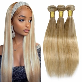 12 14 16 Inch Ombre Straight Bundles Human Hair P27/613 Highlight Honey Blonde and Light Blonde Piano Color Mix Bundles Double Weft Brazilian Human Hair Extensions Silky and Soft for Women