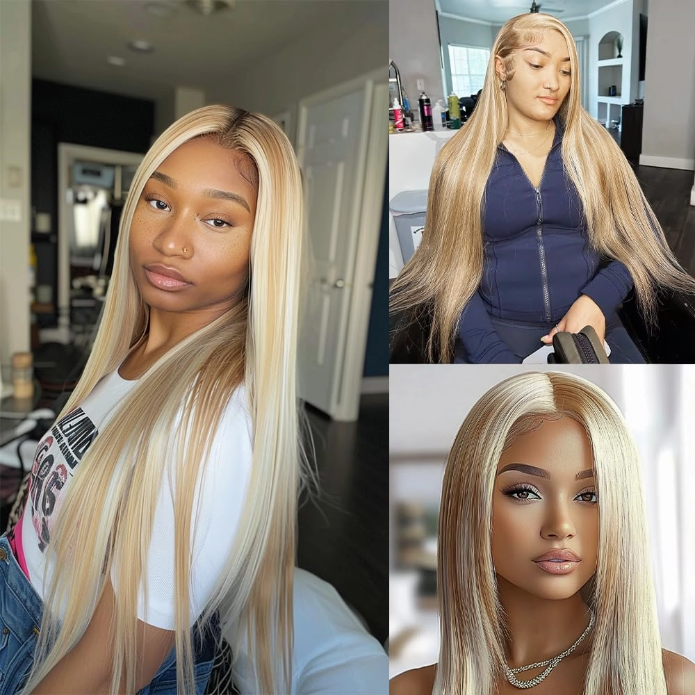 12 14 16 Inch Ombre Straight Bundles Human Hair P27/613 Highlight Honey Blonde and Light Blonde Piano Color Mix Bundles Double Weft Brazilian Human Hair Extensions Silky and Soft for Women
