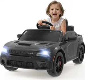 12V Ride on Car, Licensed Dodge Charger Electric Vehicles with Suspension System for Kids with Remote Control, 3 Speed, LED Light, MP3 & Bluetooth, Black