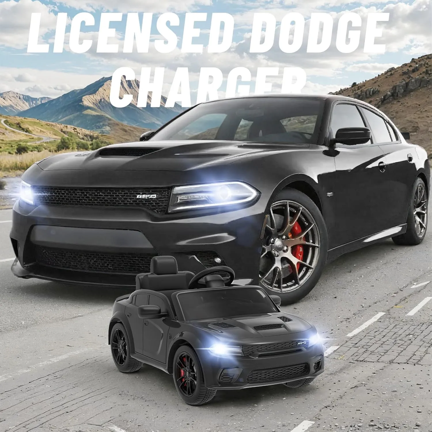 12V Ride on Car, Licensed Dodge Charger Electric Vehicles with Suspension System for Kids with Remote Control, 3 Speed, LED Light, MP3 & Bluetooth, Black