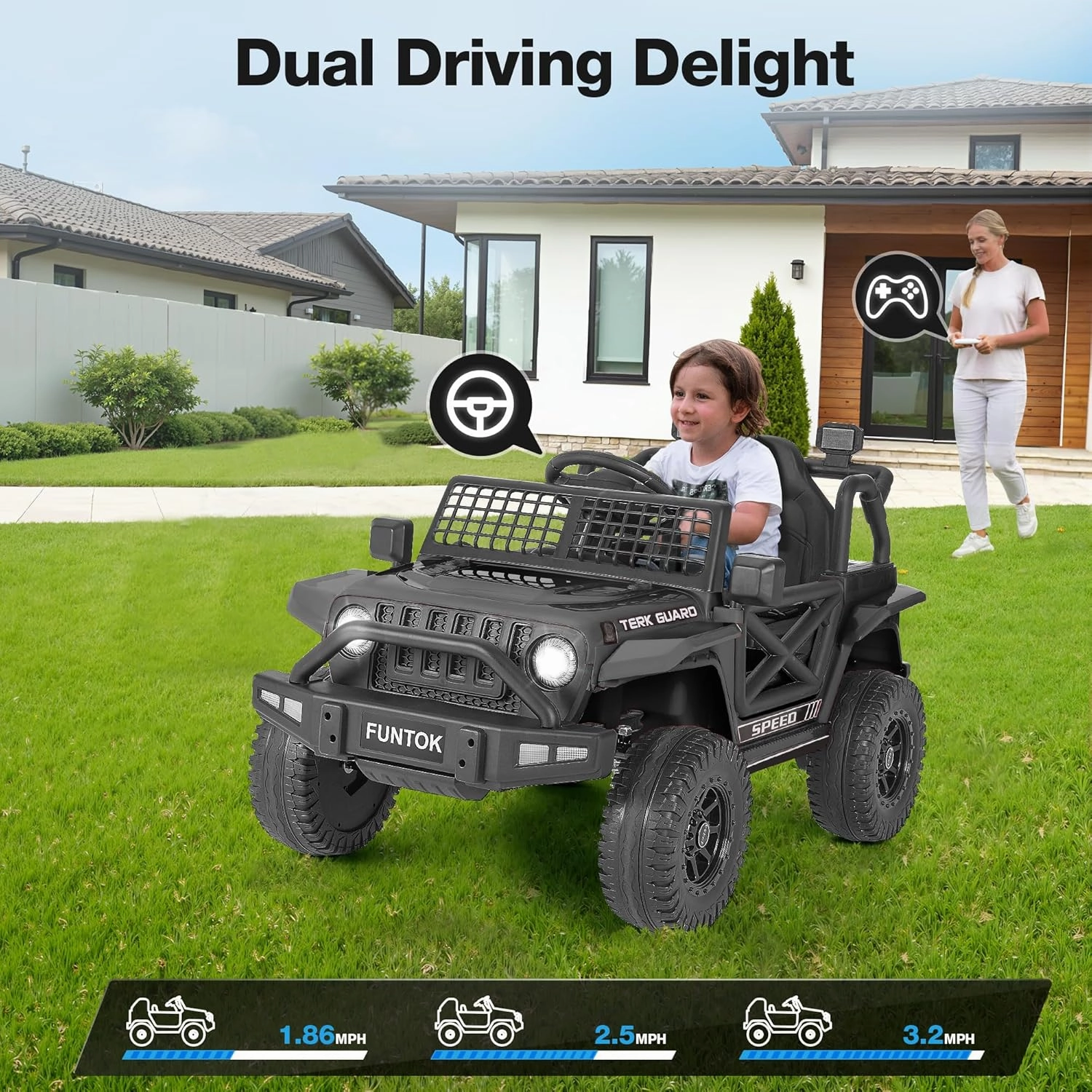 12V 7AH Ride On Truck, Electric Car for Toddlers 1-3 w/Remote Control, LED Lights, 3 Speeds, Spring Suspension, Soft Start, Bluetooth Speaker, Music Player, Gifts for Boys and Girls (Black)