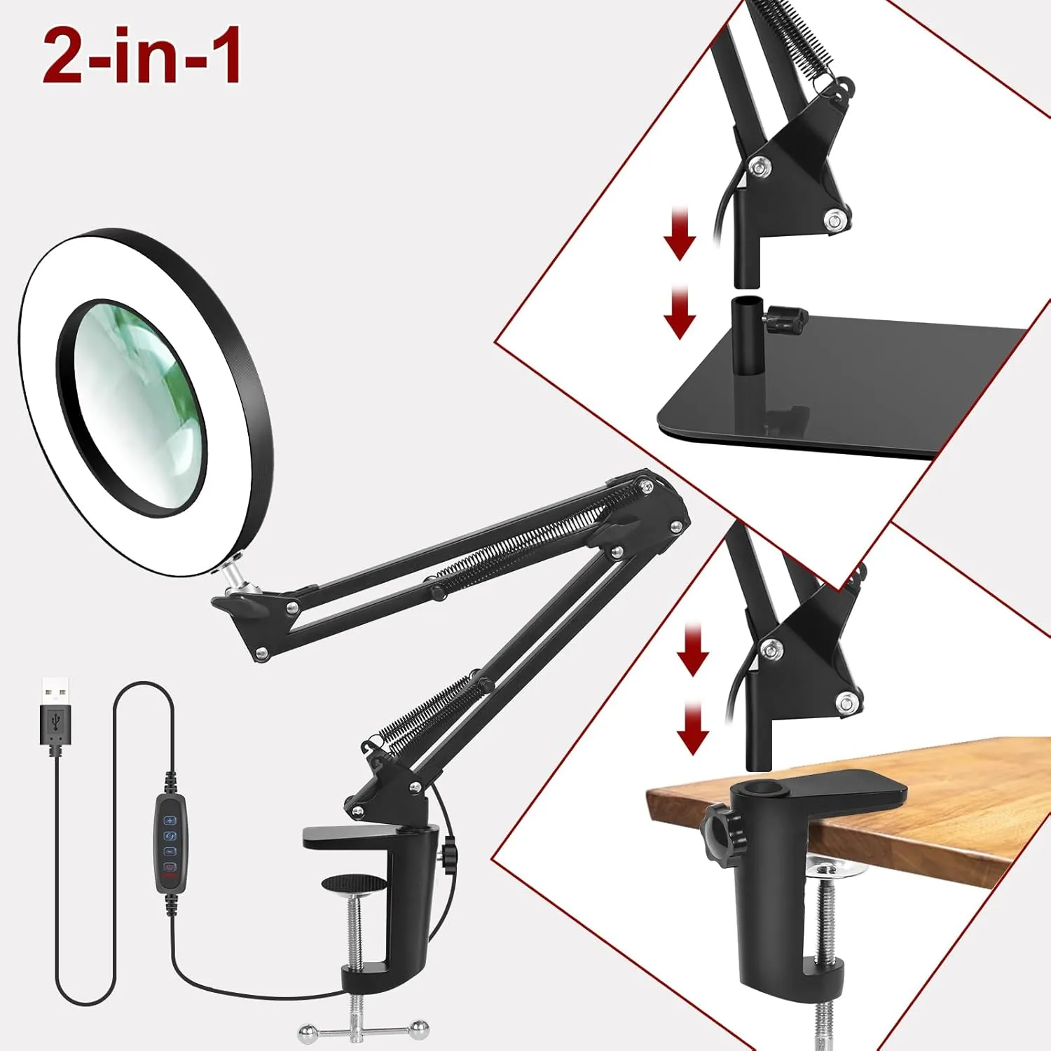 12X Magnifying Glass with Light and Stand, Magnifier with Light Hands Free, 5 Color Modes LED Work Lighted, 2-in-1 Magnifying Lamp for Reading Craft Hobby Painting Sewing Close Work