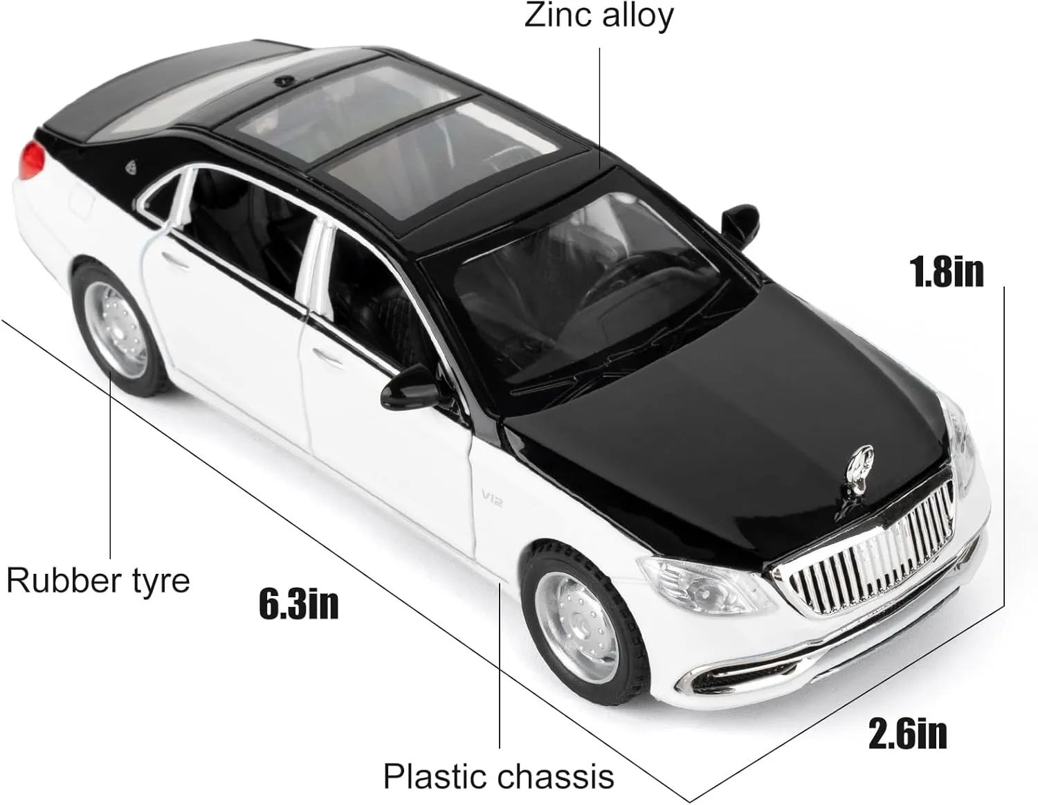 1:32 Compatible for Benz S650 Car Model, Pull Back Diecast Toy Car with Sounds＆Lights for Kids Boys Girls and Adults, Gift Black-White