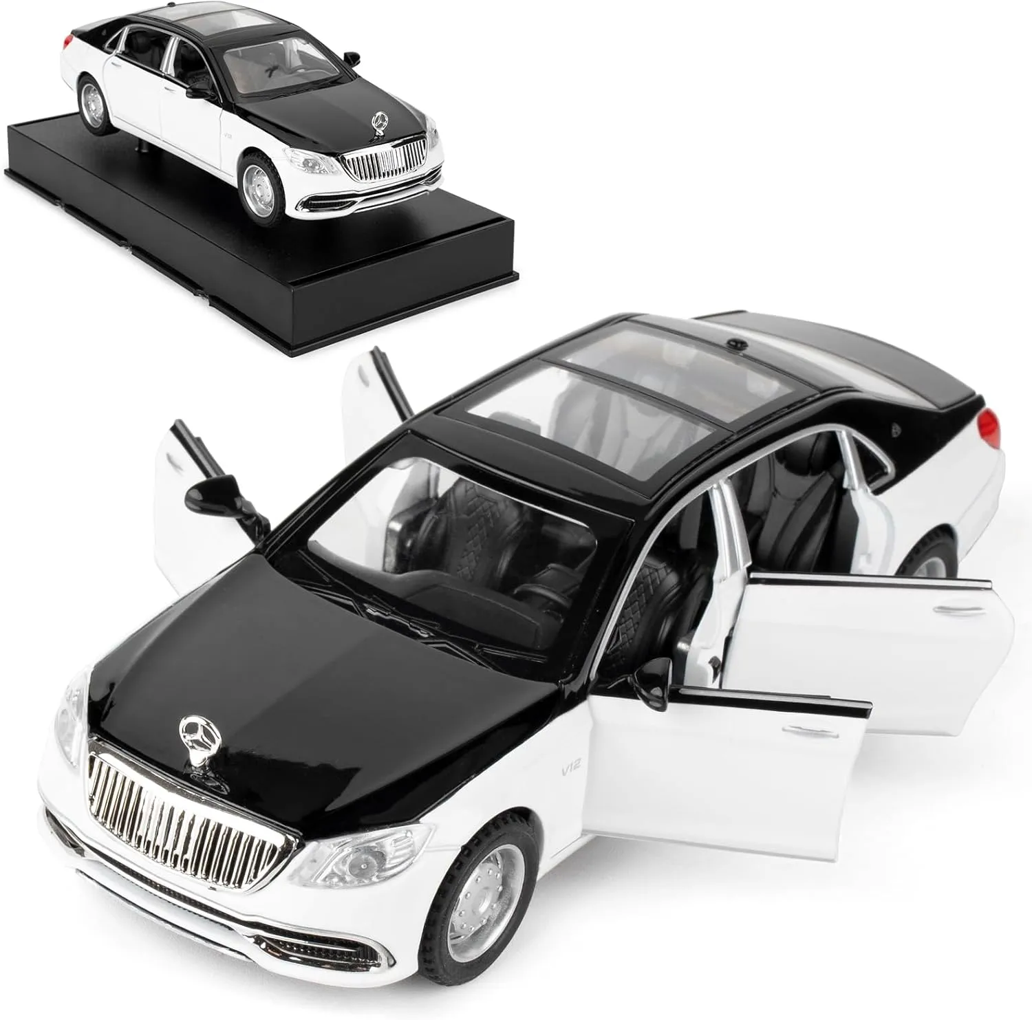 1:32 Compatible for Benz S650 Car Model, Pull Back Diecast Toy Car with Sounds＆Lights for Kids Boys Girls and Adults, Gift Black-White