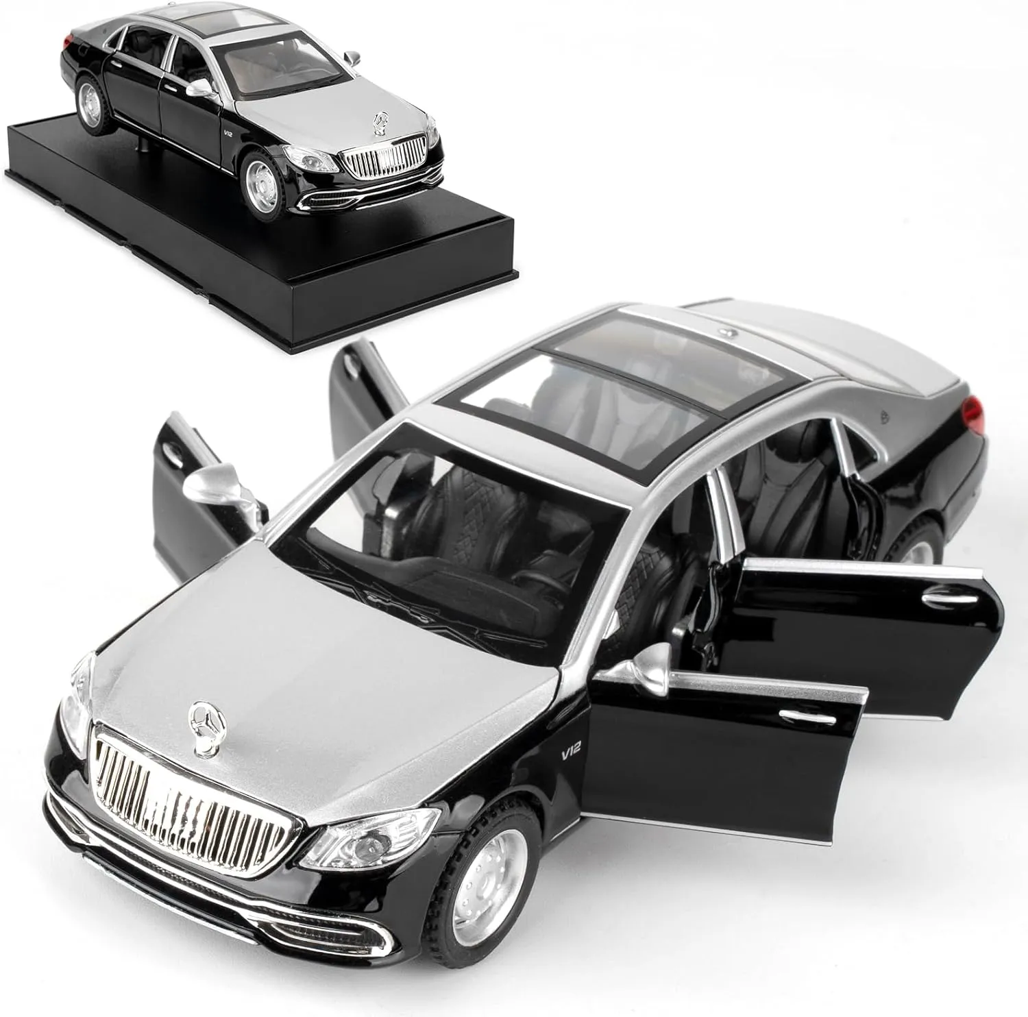 1:32 Compatible for Benz S650 Car Model, Pull Back Diecast Toy Car with Sounds＆Lights for Kids Boys Girls and Adults, Gift Sliver