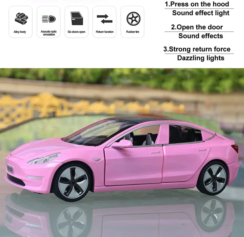1:32 Scale Model 3 Alloy Car Model Diecast Toy Vehicles for Kids, car Model Toy，Pull Back Alloy Car with Lights and Music,Mini Vehicles Toys for Kids Gift ，Children Birthday Gift.(Pink)