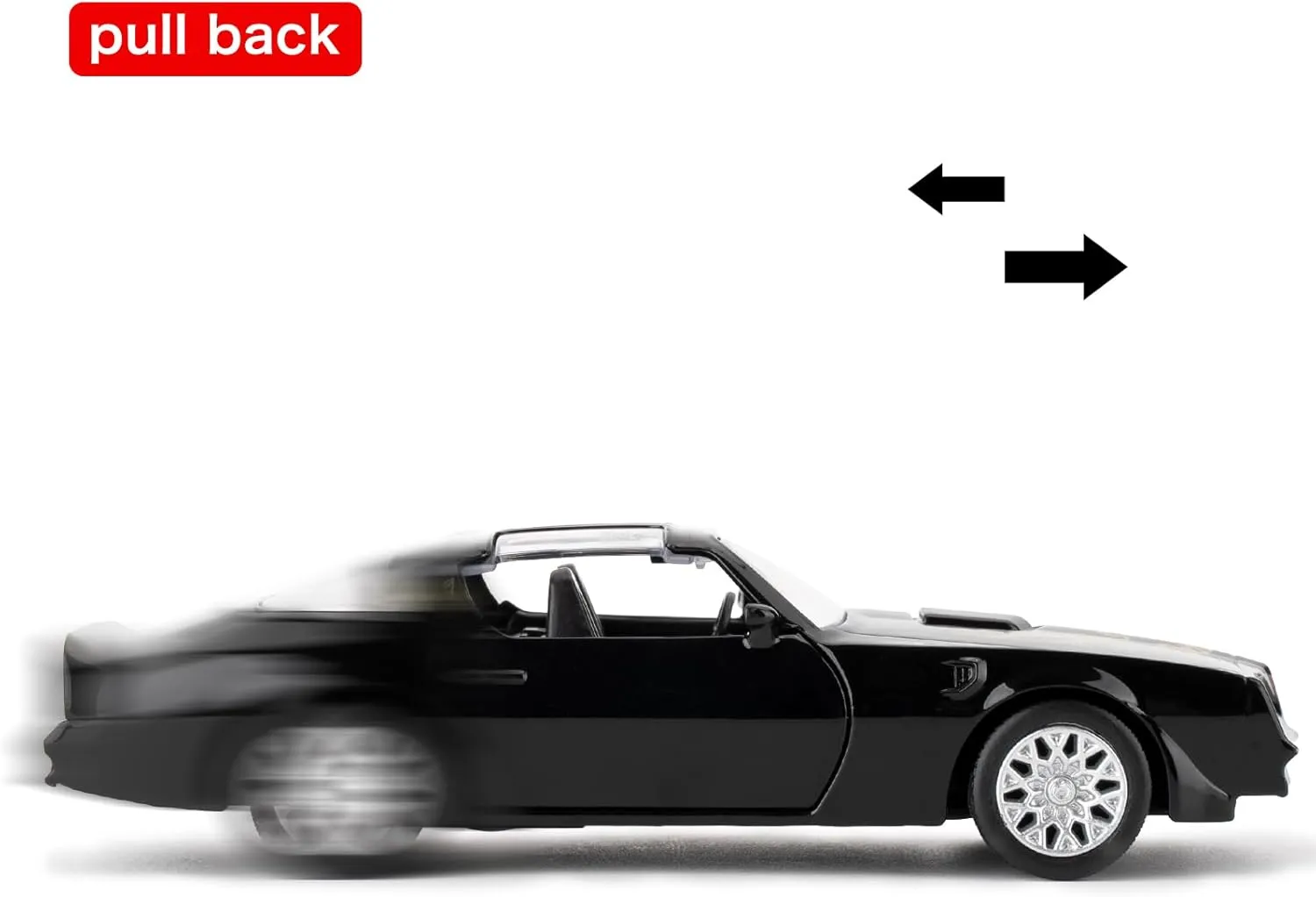 1:36 Pontiac Firebird Trans Am Toy Car, Diecast Pull Back Model Car, Doors Open, Collection Kids Toy for Aged 3 and up, Gift Black