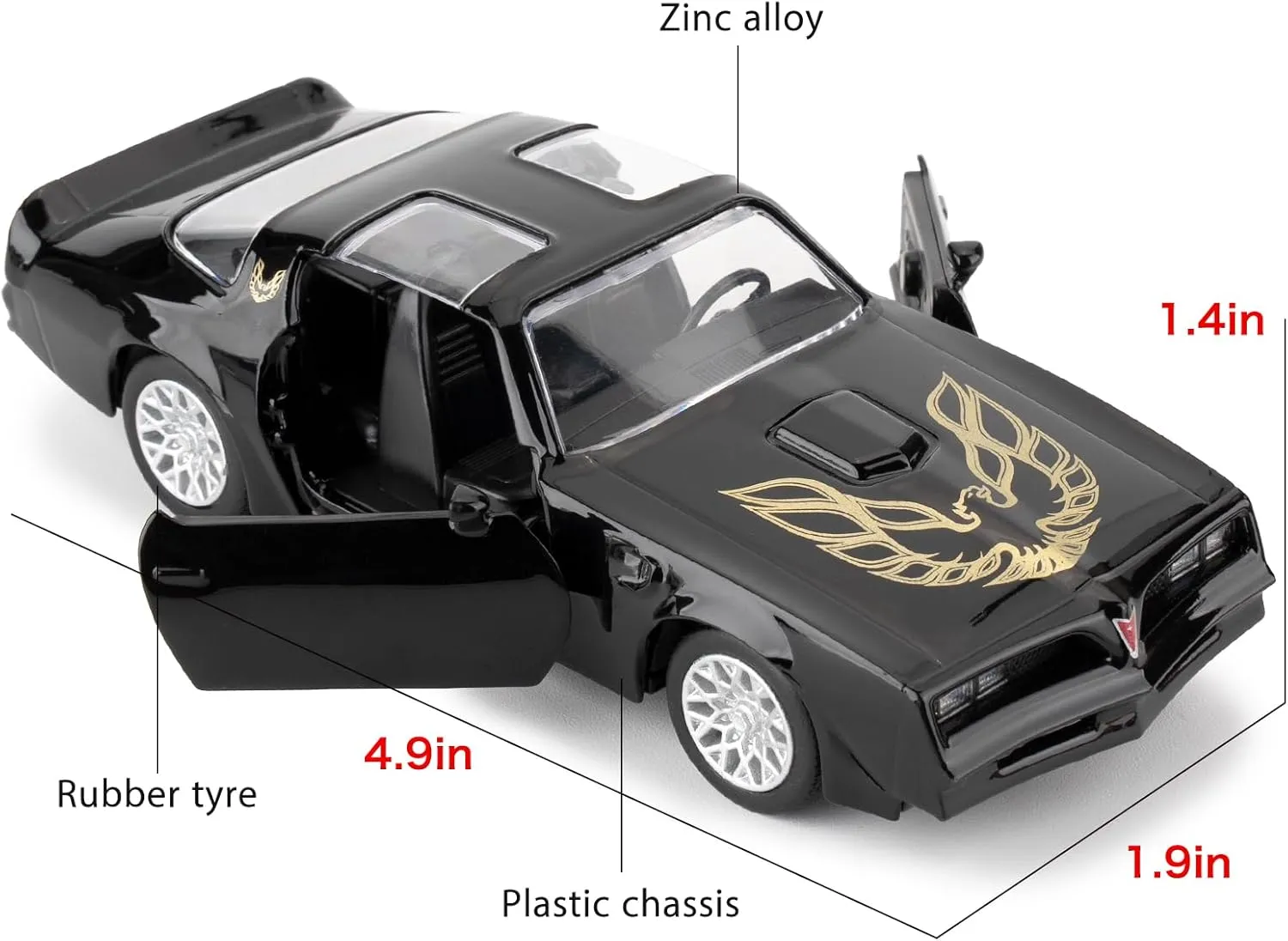 1:36 Pontiac Firebird Trans Am Toy Car, Diecast Pull Back Model Car, Doors Open, Collection Kids Toy for Aged 3 and up, Gift Black