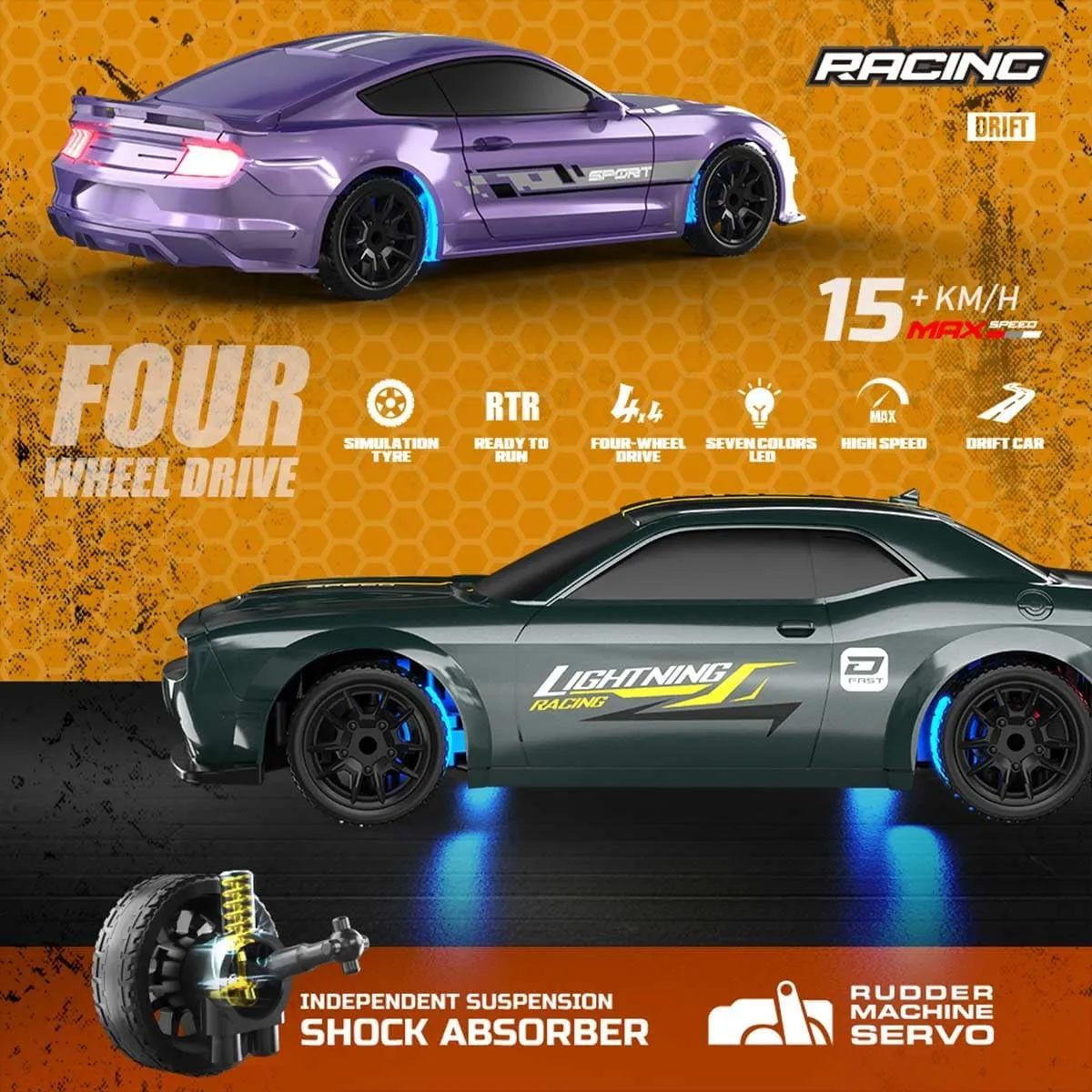 1/43 RC Drift Car Mini, 2.4G Full-Proportional Remote Control Sports Car with LED Lights, 15 KM/H Electric 4WD RC Racing Cars Model, Indoor Outdoor Toy Gift for Adults -RTR