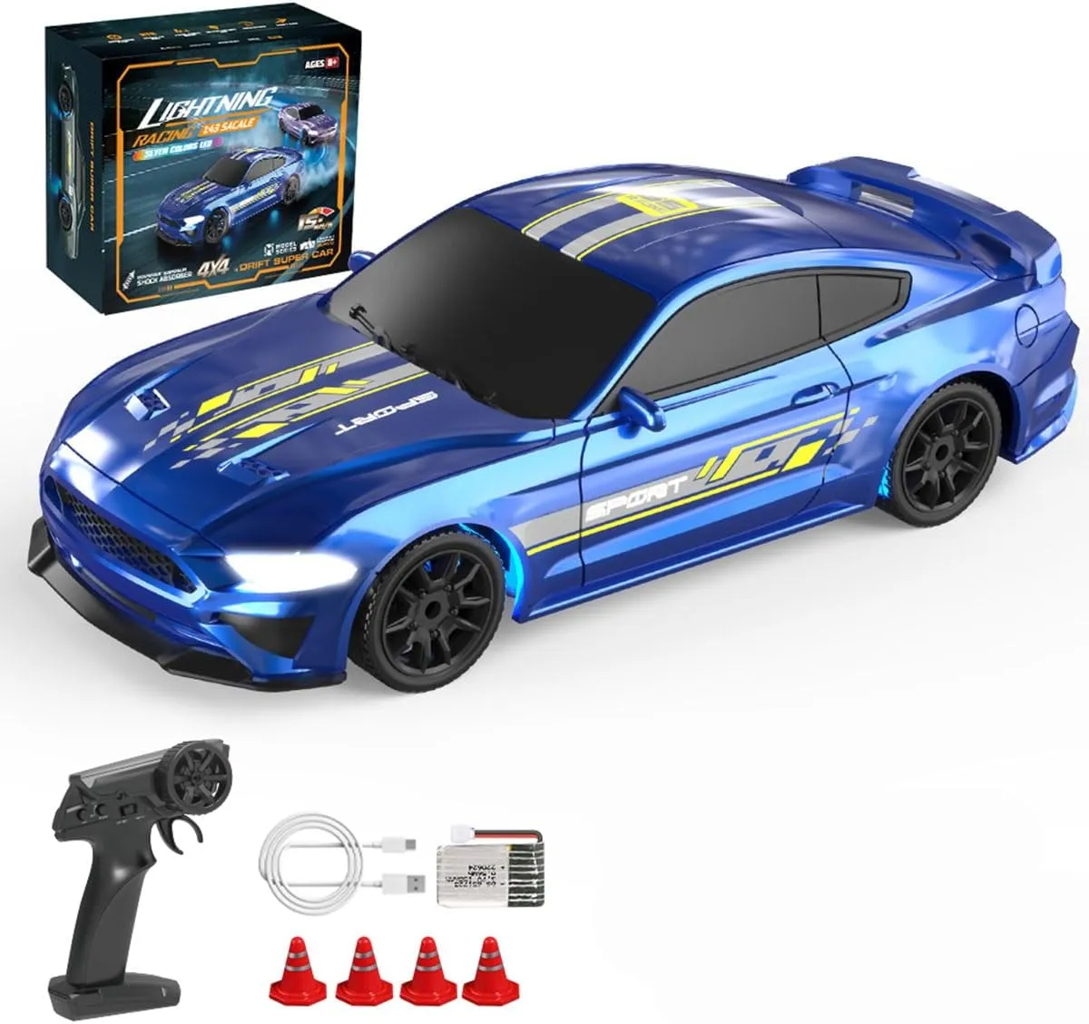 1/43 RC Drift Car Mini, 2.4G Full-Proportional Remote Control Sports Car with LED Lights, 15 KM/H Electric 4WD RC Racing Cars Model, Indoor Outdoor Toy Gift for Adults -RTR