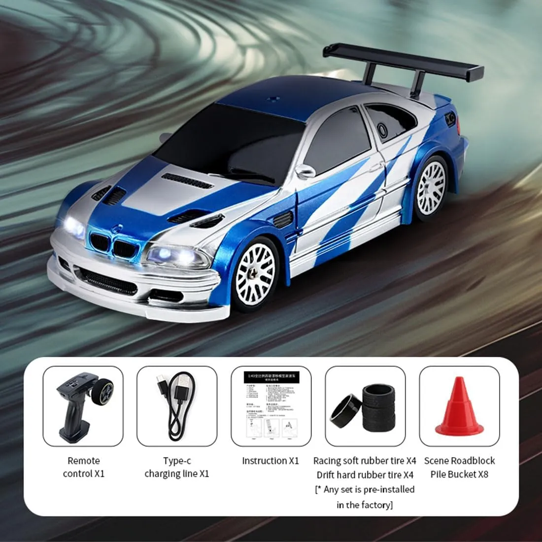 1/43 Scale Electric Mini RC Racing Drift Car, with Lights Kit 2.4G 4WD Remote Control High-Speed Racing Sports Car for Adults Beginner - RTR Version