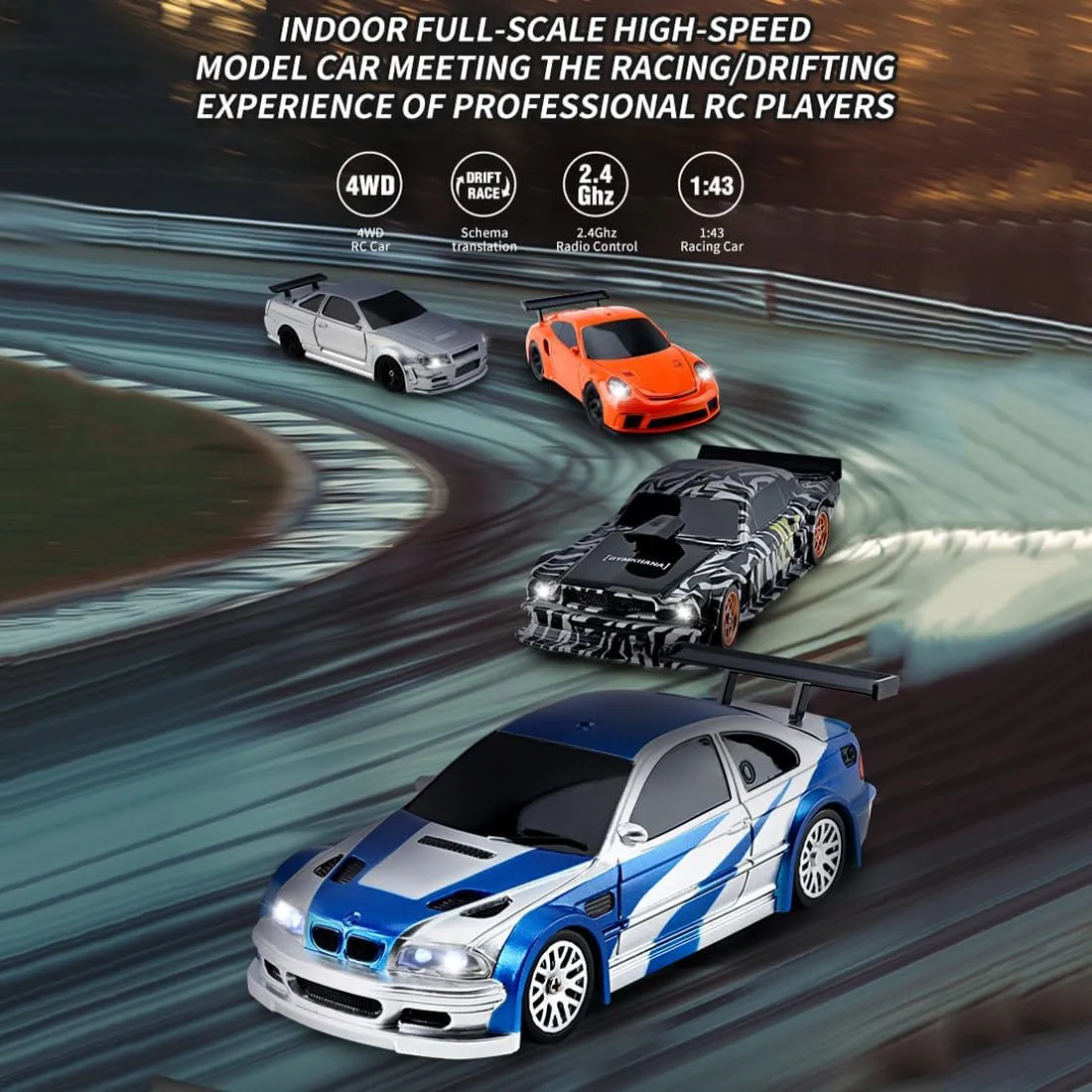 1/43 Scale Micro RC Drift Car, 2.4G 4WD Electric Miniature Racing Car Model with Lights, 15KM/H