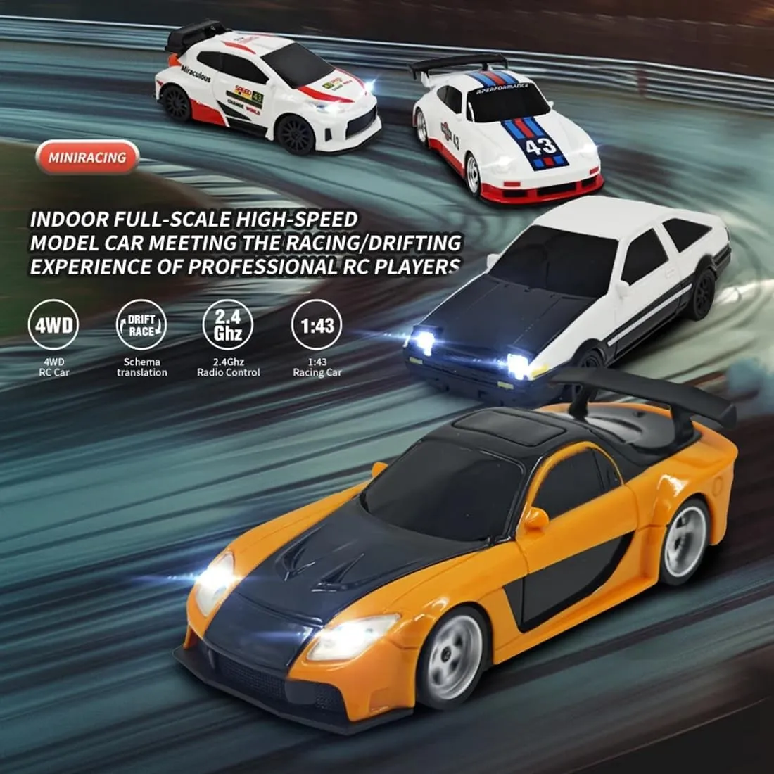 1:43 Scale Mini RC Drift Car with LED Lights, Electric 2.4G Remote Control Racing Car Full Proportional 15KM/H High-Speed Vehicle for Hobbyists & Adults -RTR Gyro Version