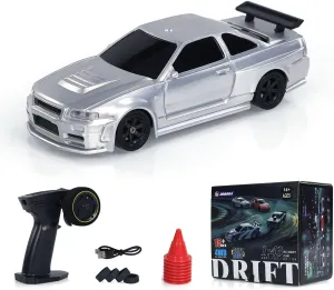 1/43 Scale Mini Storms Drift Car, Mini Drift Rc Car for Desk 2.4G Full Proportional RC Electric Mini Racing Drift Car Model with Lights Kit (RTR Versio/Silver)