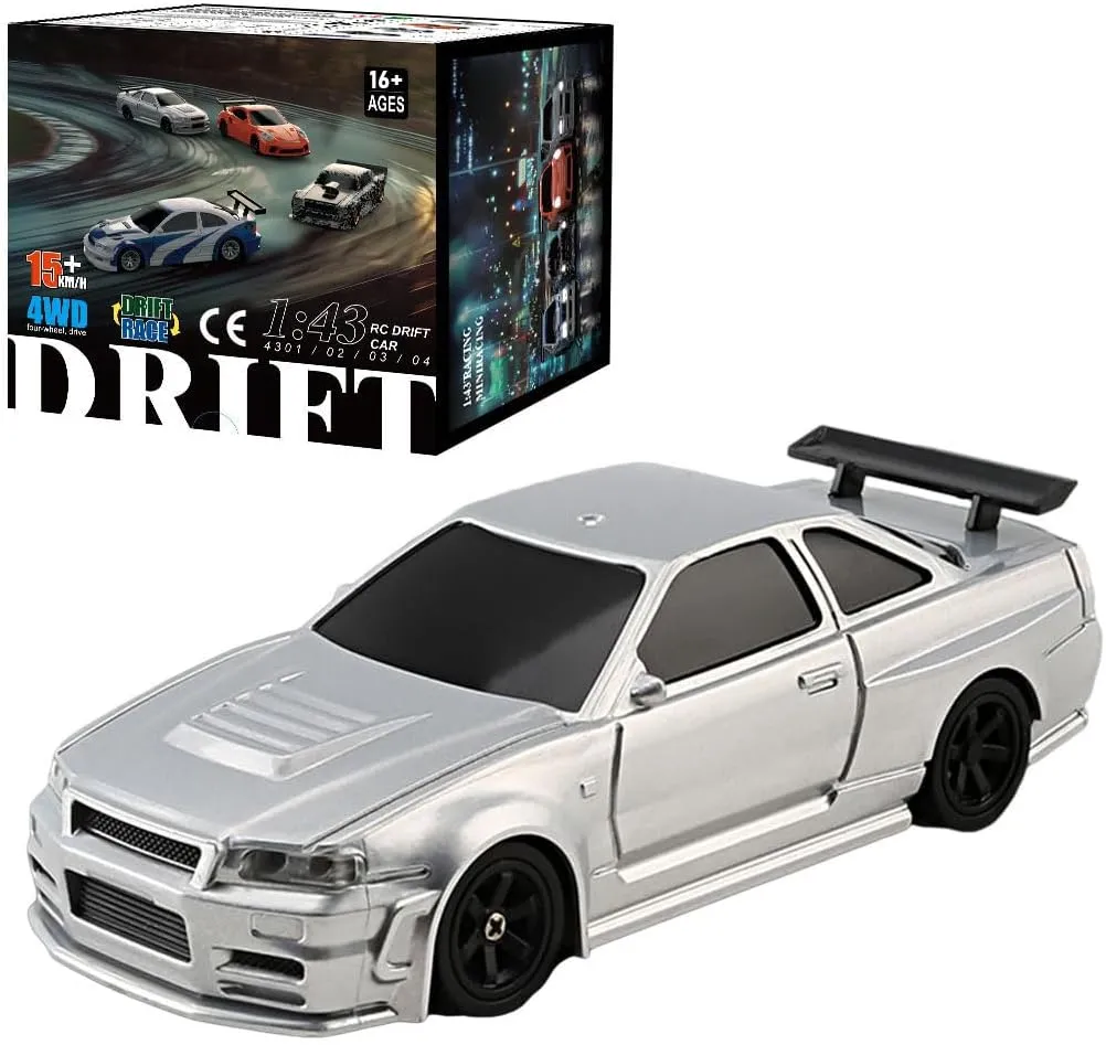 1/43 Scale Mini Storms Drift Car, Mini Drift Rc Car for Desk 2.4G Full Proportional RC Electric Mini Racing Drift Car Model with Lights Kit (RTR Versio/Silver)