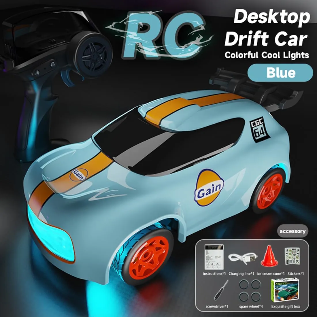 1:64 Mini RC Drift Car, 2.4GHz 4WD Rechargeable High Speed Remote Control Racing Vehicle for Adults, Full-Proportional Desktop RC Cars (RTR/Blue)
