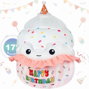 17 Inch Squishable Happy Birthday Cake Plush Pillows, Soft & Huggable Cake Stuffed Animals Toy for Kids, Cute Room Decor & Stress Relief Cupcake Plushies, Birthday Gift