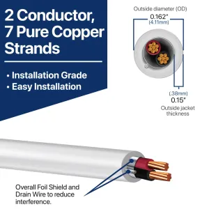 18 AWG 2 Conductor Stranded Shielded Plenum Cable White CL3P Jacket for Security/Alarm/Access Control/Sound - 500 FT Spool