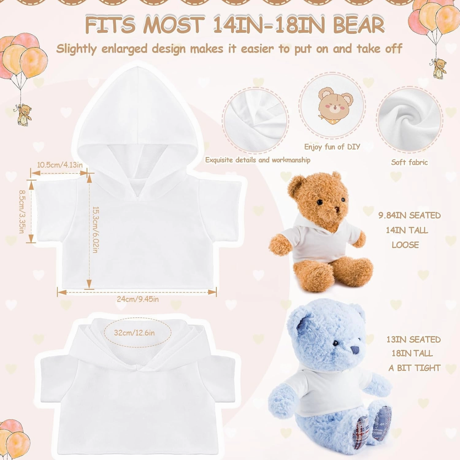 18 Pcs Stuffed Bear Clothes Sublimation Blank Bear Shirt Doll T-Shirts Stuffed Animal Tshirt Basic Hoodie Easy to Wear Fit 14-18 Inches Stuffed Dolls