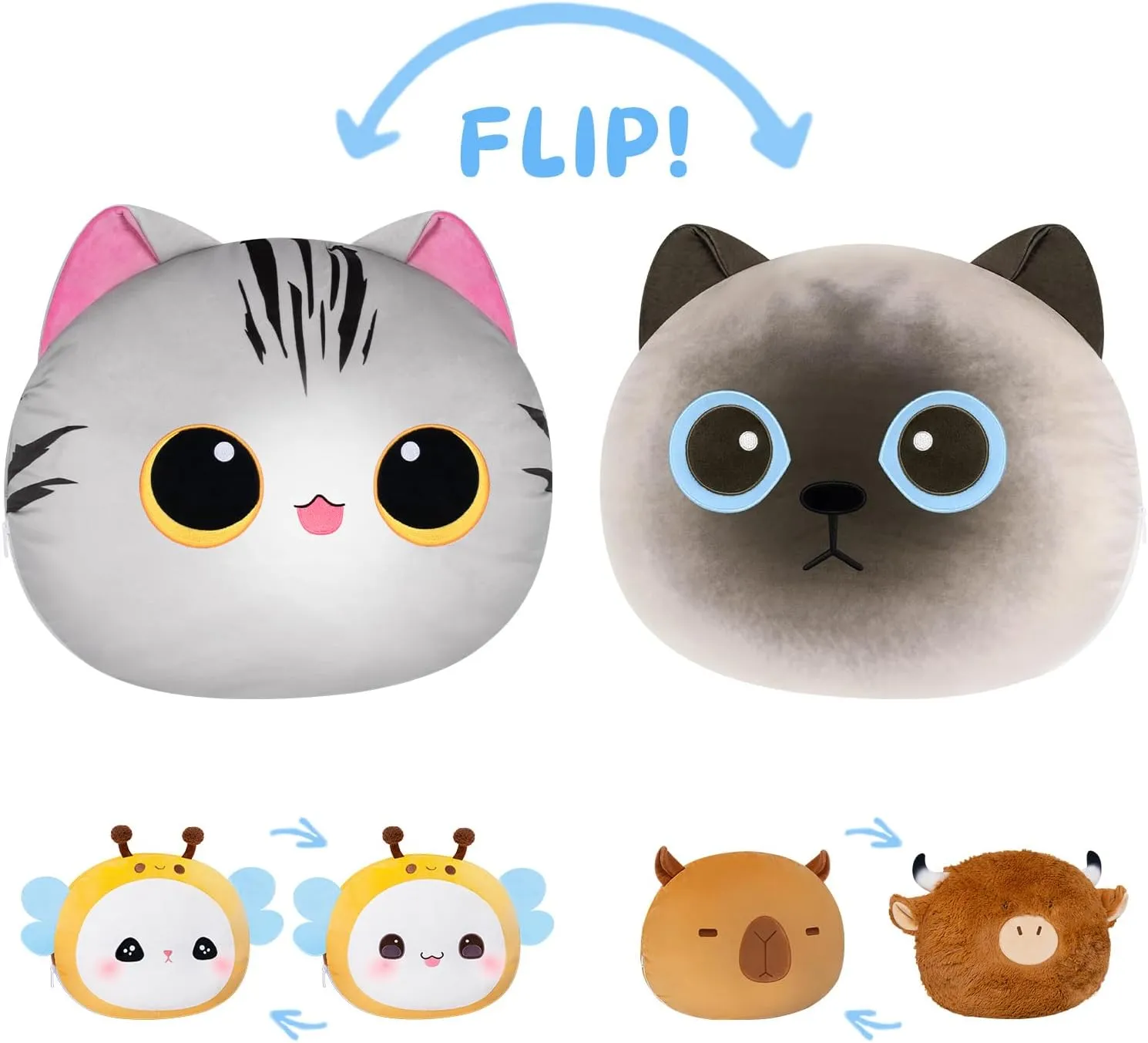 18" Cute Plush Pillow, Kawaii Cat Stuffed Animals Cushion Pillow, 2-in-1 Transformed Emotion Cushion, Soft Hugging Pillow & Decortived Stuffed Pillow for Kids and Adults