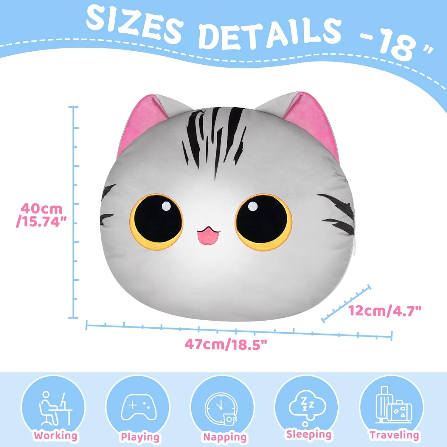 18" Cute Plush Pillow, Kawaii Cat Stuffed Animals Cushion Pillow, 2-in-1 Transformed Emotion Cushion, Soft Hugging Pillow & Decortived Stuffed Pillow for Kids and Adults