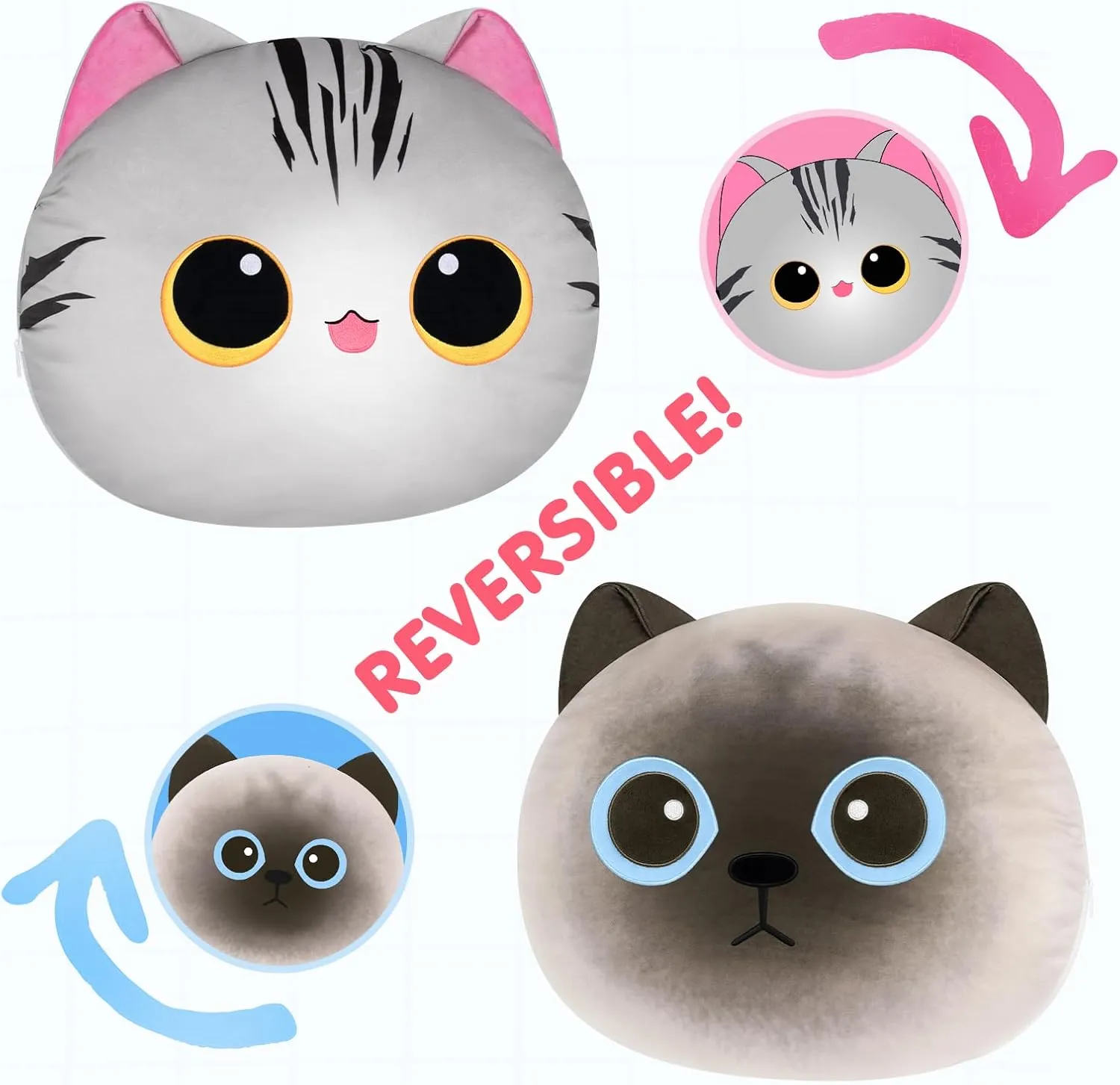 18" Cute Plush Pillow, Kawaii Cat Stuffed Animals Cushion Pillow, 2-in-1 Transformed Emotion Cushion, Soft Hugging Pillow & Decortived Stuffed Pillow for Kids and Adults