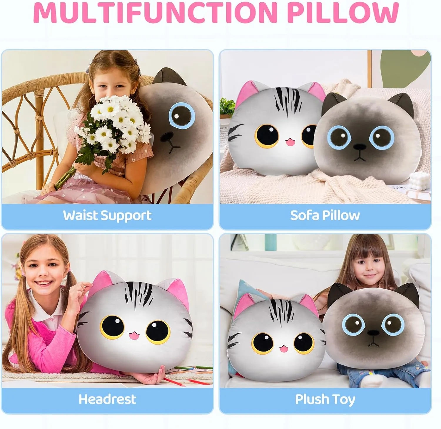 18" Cute Plush Pillow, Kawaii Cat Stuffed Animals Cushion Pillow, 2-in-1 Transformed Emotion Cushion, Soft Hugging Pillow & Decortived Stuffed Pillow for Kids and Adults