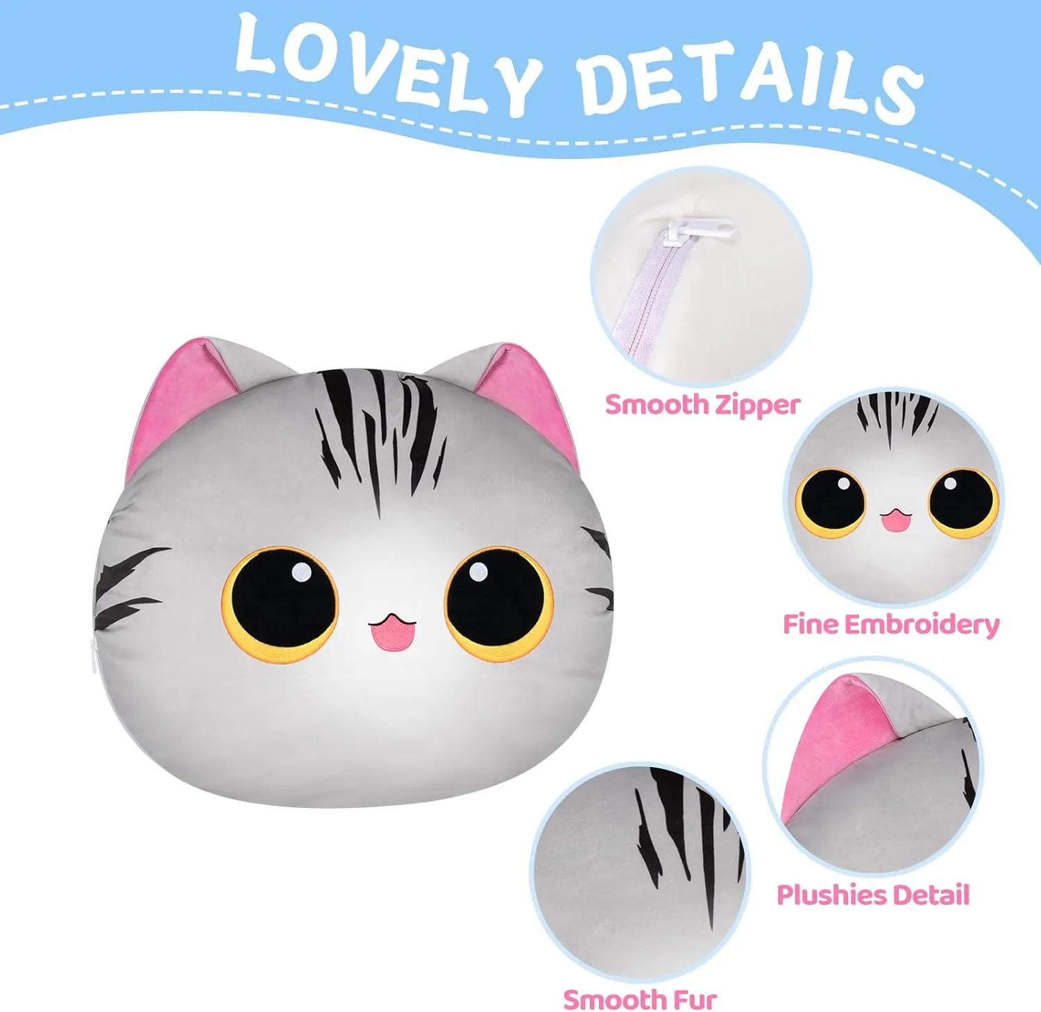 18" Cute Plush Pillow, Kawaii Cat Stuffed Animals Cushion Pillow, 2-in-1 Transformed Emotion Cushion, Soft Hugging Pillow & Decortived Stuffed Pillow for Kids and Adults