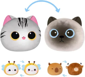 18" Cute Plush Pillow, Kawaii Cat Stuffed Animals Cushion Pillow, 2-in-1 Transformed Emotion Cushion, Soft Hugging Pillow & Decortived Stuffed Pillow for Kids and Adults
