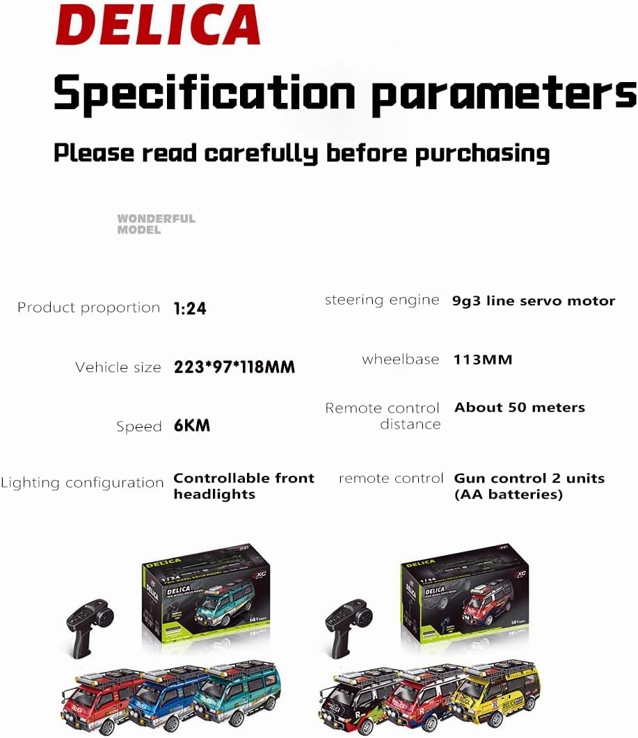 1/24 Scale Delica RC Car Model, 2.4G 4WD Off-Road Brushed Remote Control Vehicle with LED Light & Variable Speed, Wagon Toy Car for Adults Gift