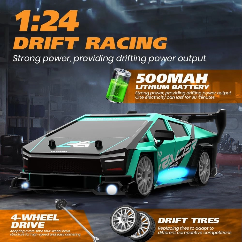 1:24 Scale RC Drift Car, 30KM/H 4WD 2.4GHz Remote Control Cars with LED Light, Racing and 4 Drifting Wheels, 1 Rechargeable Batteries, High Speed RC Racing Cars Perfect Toy Gift for Boys, Girls, Kids