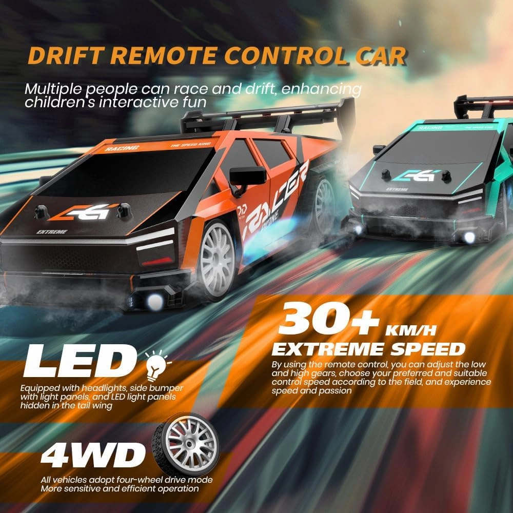 1:24 Scale RC Drift Car, 30KM/H 4WD 2.4GHz Remote Control Cars with LED Light, Racing and 4 Drifting Wheels, 1 Rechargeable Batteries, High Speed RC Racing Cars Perfect Toy Gift for Boys, Girls, Kids